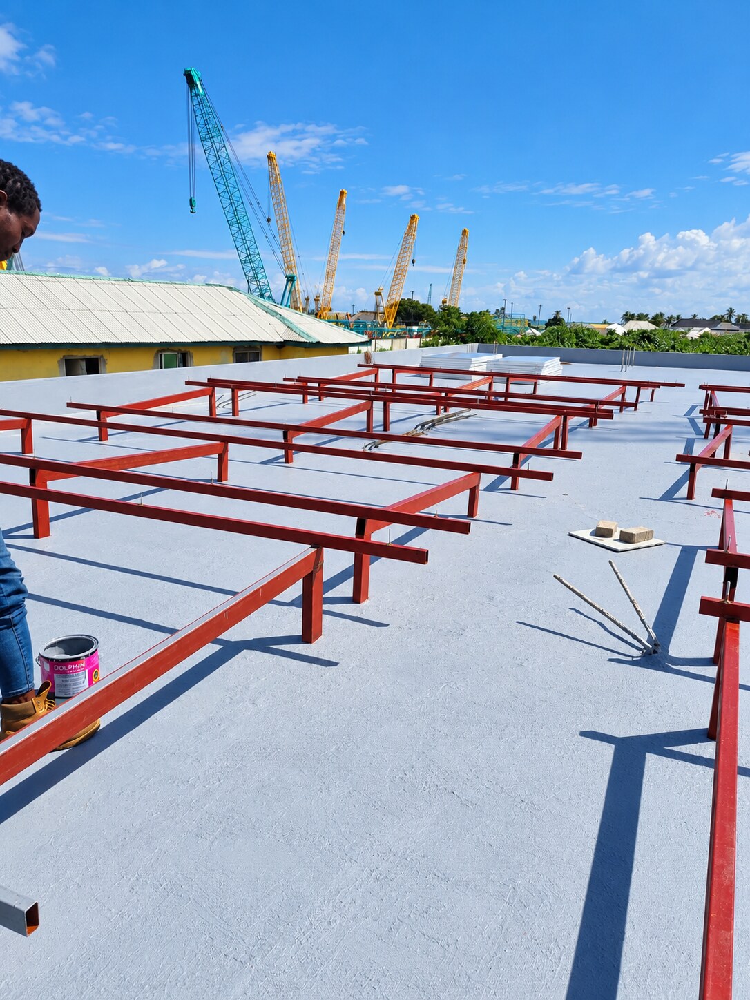 Steel mounting frames set out before the panels go on