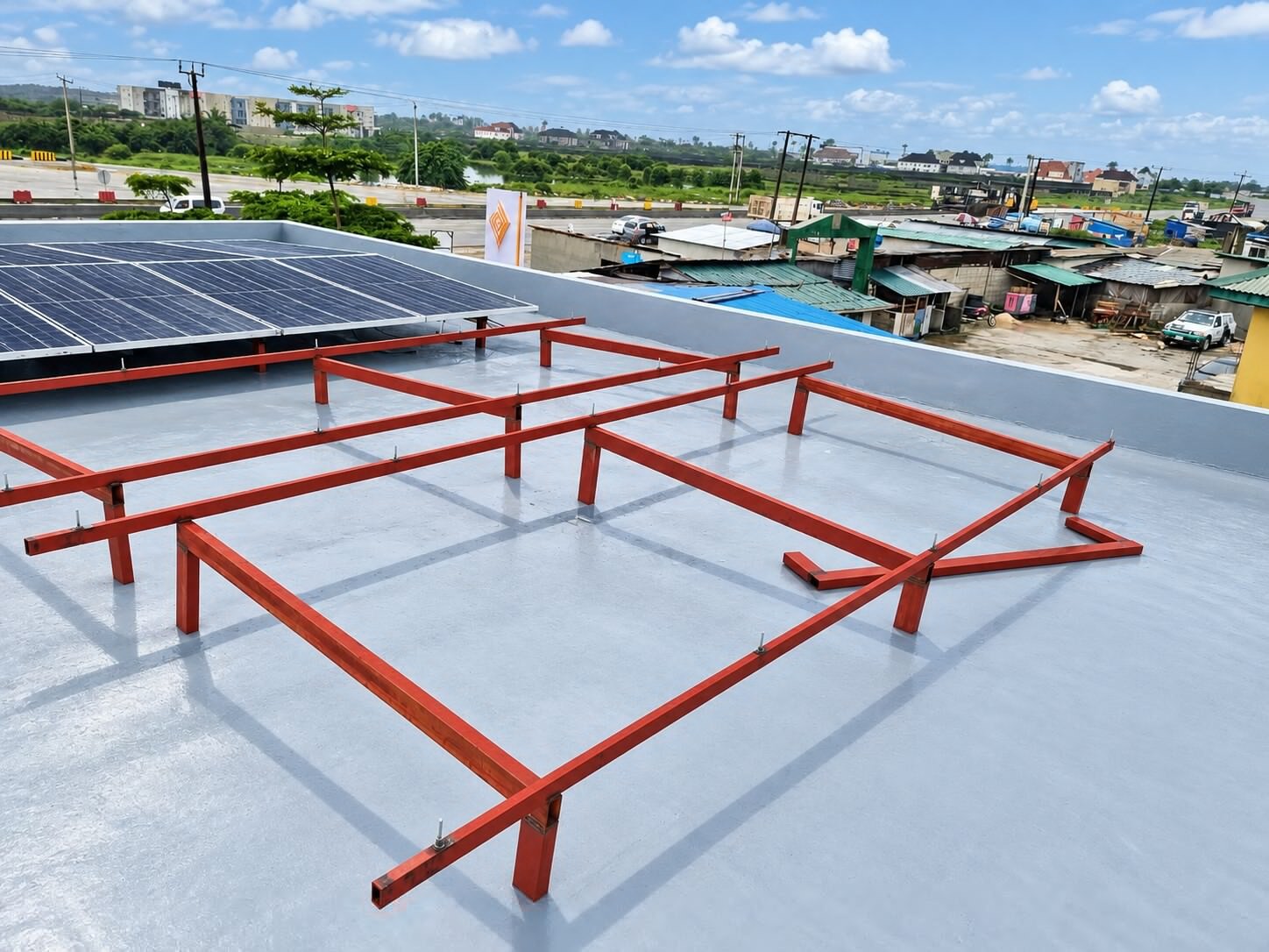 Mounting frames fixed to the roof membrane