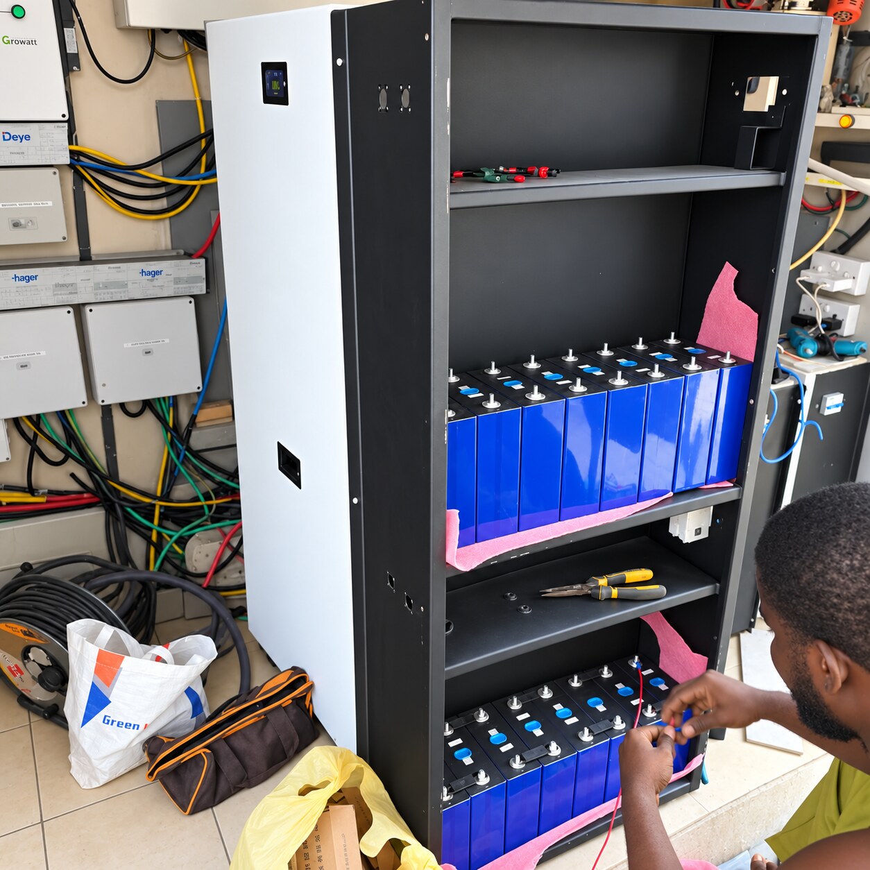 Assembling lithium cells into a battery cabinet