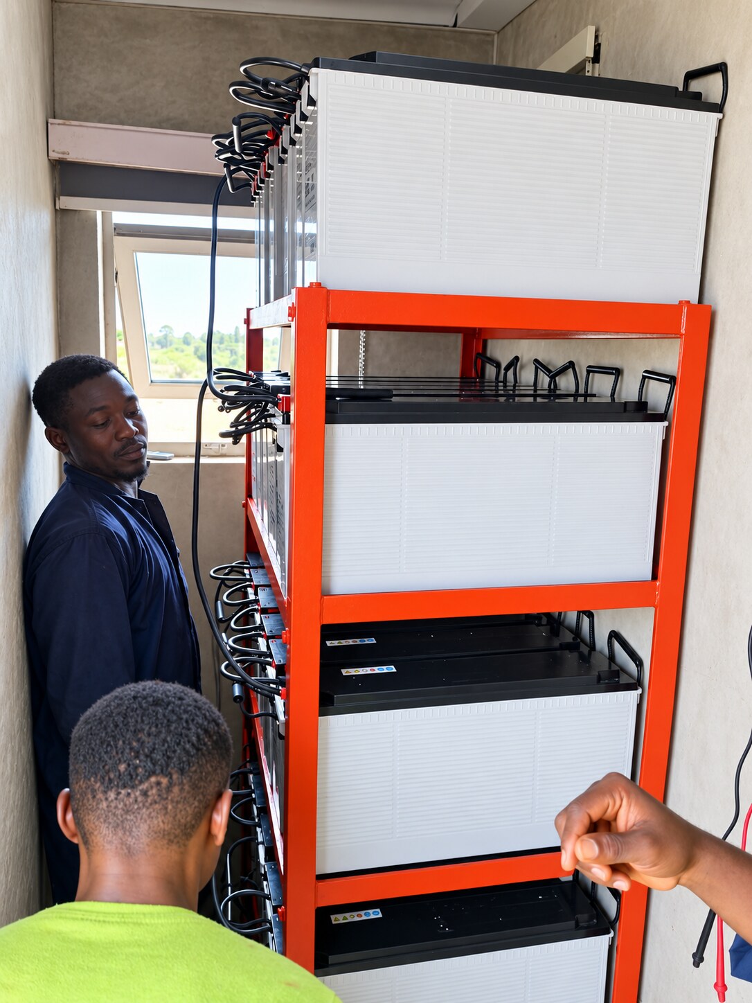 Crew installing a battery rack