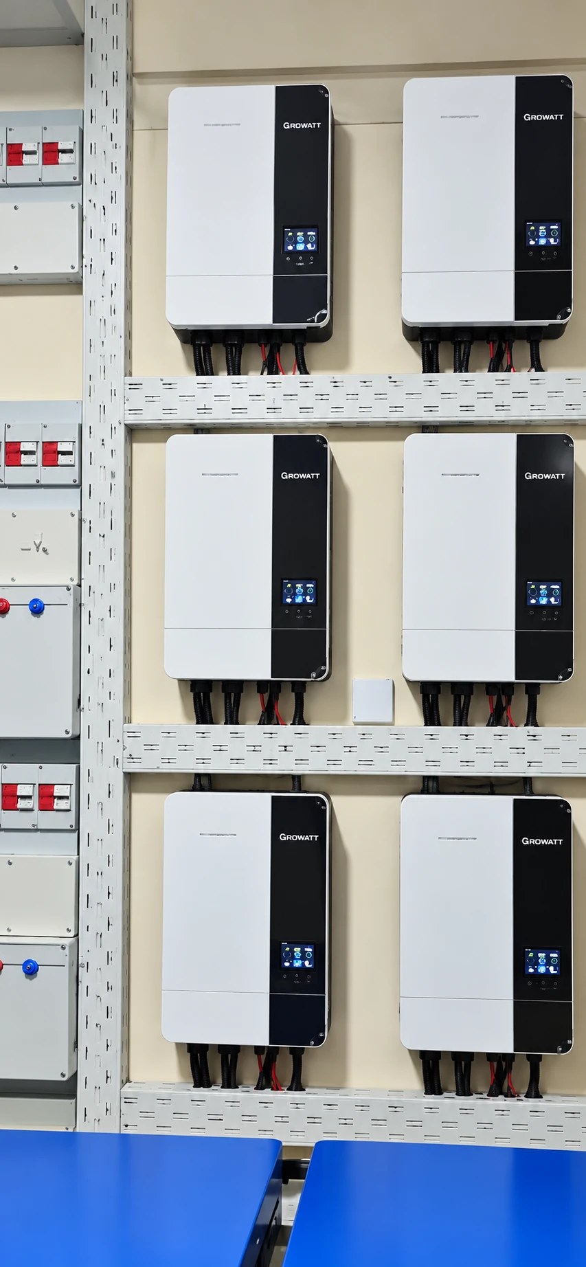 Six Growatt hybrid inverters mounted in rows on cable trays, with isolation boards to the left