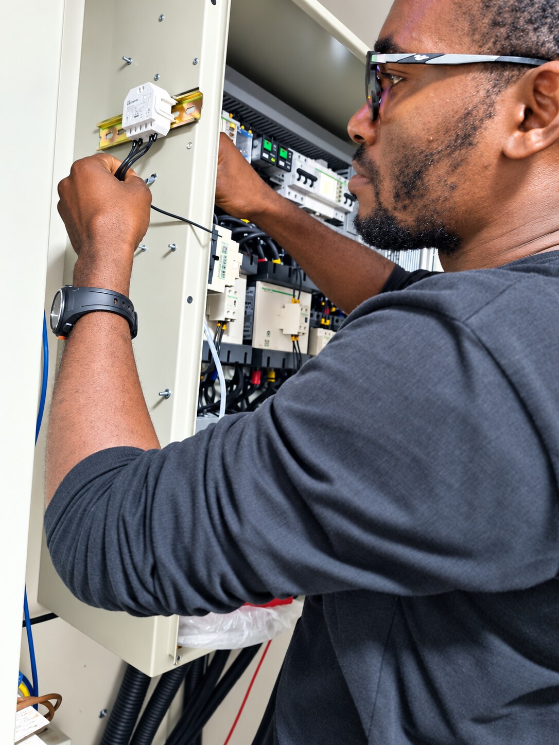 BEP engineer working inside a distribution panel